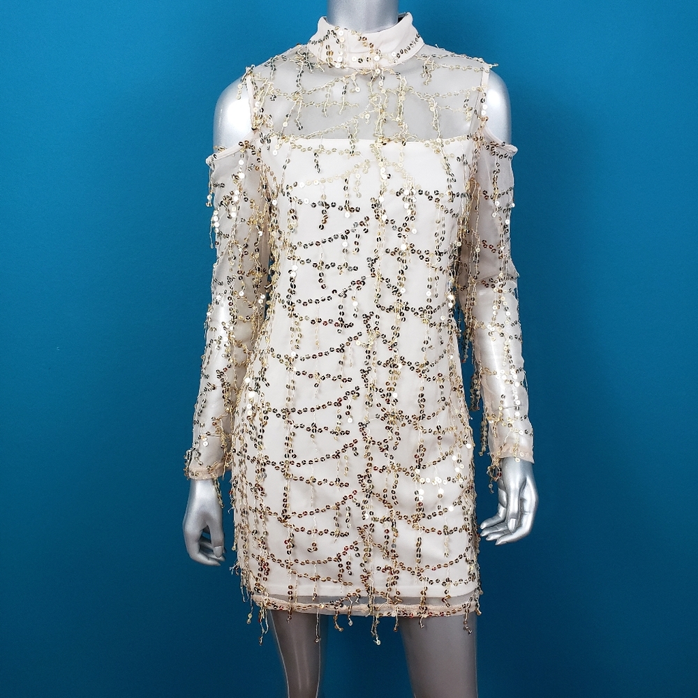 🆕️ 🌠 AX PARIS Hanging Sequins Champagne Mini Dress // (NWT)